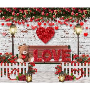 10x8FT Valentine's Day Backdrop, Red Rose Flower Love Bear and White Brick Wall Valentines Backdrop, Valentines Day Theme Photography Background for Party Decorations Supplies