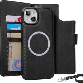 Case Wallet for iPhone 14 Plus Wallet Case, 6.7 Inch Magnetic Detachable Leather Flip Case Card Holders, Support MagSafe Wireless Charging, Kickstand Phone Cover RFID Blocking, Black