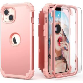 IDweel for iPhone 15 Plus Case with Screen Protector,for iPhone 15 Plus Rose Gold for Women, 3 in 1 Shockproof Slim Fit Hybrid Heavy Duty Hard PC Cover Soft Silicone Bumper Full Body Case,Rose Gold