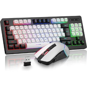 BlueFinger Wireless Gaming Keyboard and Mouse Combo, RGB Rainbow Backlit Rechargeable Battery, 87 Keys TKL Light Up Keyboard with Ergonomic Gaming Mouse for Mac Laptop Computer PC Gamer(Black & White)