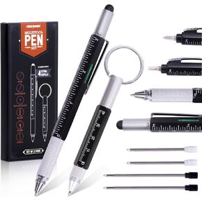 2 Pieces 6 in 1 Multitool Pen. Touch Button Pen and Keychain Pen - Heavyweight Cool Pens For Men And Dads. Measure, and Scribble with Style. Including 4 Ink Refills - Valentine's Gift for Men