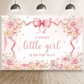 MEHOFOND 7x5 ft Pink Bow Girls Baby Shower Backdrop A Sweet Little Girl is on The Way Photography Background Pink Floral Baby Shower Decor Hearts It's A Girl Party Banner Cake Smash Photo Booth Props