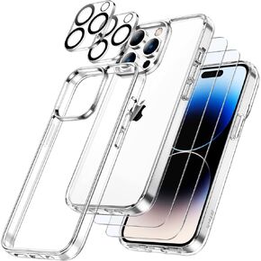JETech 5 in 1 Case for iPhone 14 Pro 6.1-Inch, with 2-Pack Screen Protector and Camera Lens Protector, Non-Yellowing Shockproof Bumper Phone Cover, Full Coverage Tempered Glass Film (Clear)
