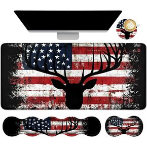 4Pcs Memory Foam Keyboard Mouse Wrist Rest Pad + Gaming Desk Mat 31.5" * 11.8" + Mouse Wrist Cushion + Coasters Set, Non-Slip Desk Pad Protector for Laptop Computer Home, Flag Black Deer