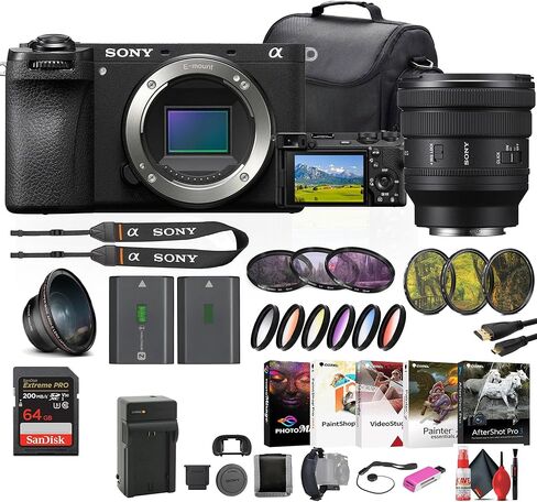 Sony A6700 Home Digital Camera Body فقط (ILCE-6700) ، Sony Fe PZ 16-35mm ، مجموعة مرشح ، عدسة زاوية عريضة ، مجموعة مرشح ، حقيبة ، بطاقة 64 جيجابايت ، NP-FZ100 ، قارئ البطاقات ، برنامج صور وأكثر (متجددة) in Saudi Arabia