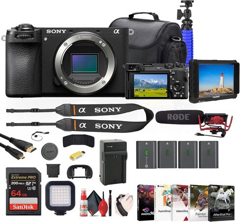 Sony A6700 Digital Camera Body فقط (ILCE-6700) ، شاشة 4K ، Videomic ، بطاقة 2 × 64 جيجابايت ، 3 × NP-FZ100 ، قارئ البطاقات ، ضوء LED ، برنامج الصور ، كابل HDMI والمزيد (متجدد) in Saudi Arabia