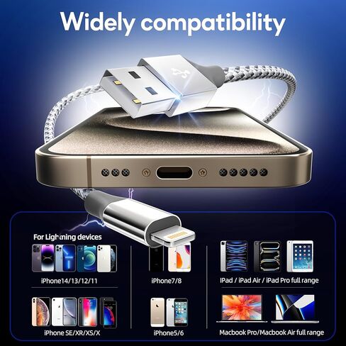 MenoSupp iPhone Charger 3Pack 10FT [MFi Certified] Nylon Braided USB Fast Charging Cord Lightning Cable Compatible with iPhone 14/13/12/11 Pro/11/XS MAX/XR/iPad and More in Kuwait