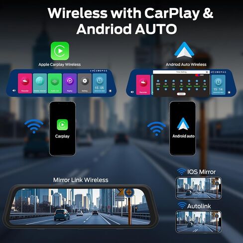 Mirror Dash Cam, 9.66 Inches Full Touch Display, 4K Front and 1080P Rear Recording, FM Emission, Night Vision, Parking Assistance, Compatible with Apple Carplay and Android Auto in Kuwait