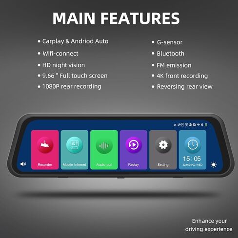 Mirror Dash Cam, 9.66 Inches Full Touch Display, 4K Front and 1080P Rear Recording, FM Emission, Night Vision, Parking Assistance, Compatible with Apple Carplay and Android Auto in Kuwait