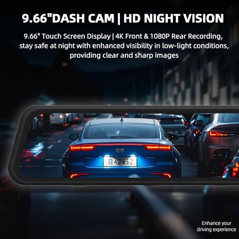 Mirror Dash Cam, 9.66 Inches Full Touch Display, 4K Front and 1080P Rear Recording, FM Emission, Night Vision, Parking Assistance, Compatible with Apple Carplay and Android Auto in Kuwait