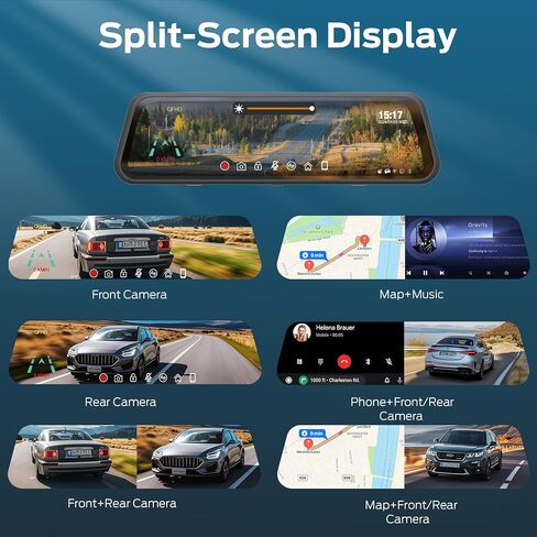 Mirror Dash Cam, 9.66 Inches Full Touch Display, 4K Front and 1080P Rear Recording, FM Emission, Night Vision, Parking Assistance, Compatible with Apple Carplay and Android Auto in Kuwait