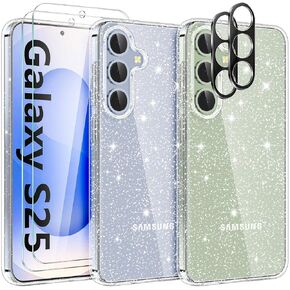 KSWOUS for Samsung Galaxy S25 Case Glitter, with Screen Protector[2 Pack] + Camera Lens Protector[2 Pack], Cute Clear Bling Sparkle Phone Case Soft TPU Shockproof Cover for Women Girls (Glitter)