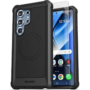 ENCASED Heavy Duty Case for Samsung Galaxy S25 Ultra with Tempered Glass Screen Protector (Compatible with MagSafe Qi2) Full Body Protective Phone Case (Black)