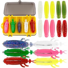 Ned Rig Baits Kit 16 pcs Fishing Tackle Box Soft Plastic Worms and Swimbaits with Pre Rigged Hooks Includes 6 Worm Lures 10 Swimbaits Saltwater and Freshwater Fishing Tackle for Bass Trout