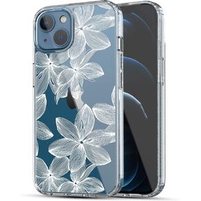 RANZ Compatible with iPhone 13 Case, Anti-Scratch Shockproof Series Clear Hard PC+ TPU Bumper Protective Cover Case for iPhone 13 (6.1") - White Flower
