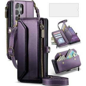 Asuwish Phone Case for Samsung Galaxy S25 Ultra 5G Zipper Wallet Cover with Tempered Glass Screen Protector and Flip RFID Blocking Credit Card Holder Cell S25Ultra 25S S 25 25Ultra Women Girls Purple