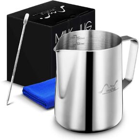 Stainless Steel Milk Frothing Pitcher, 20oz/600ml Milk Coffee Cappuccino Latte Art Frothing Pitcher Barista Milk Jug Cup, Measurements on Both Sides Inside Decorating Art Pen & Microfiber Cloth