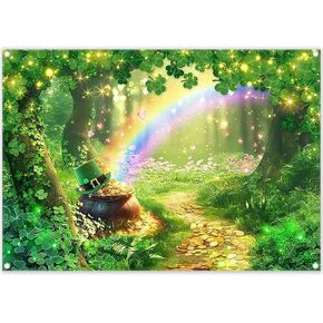 ZTHMOE Fabric 7x5ft St. Patrick's Day Photography Backdrop Spring Forest Rainbow Shamrock Gold Coins Background Festival Party Decorations Banner Photo Booth