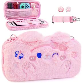 HYPERCASE Pink Plush Cat Switch Carry Case Girly Pouch for Nintendo Switch/Switch OLED Console & Accessories Storage, Portable NS/OLED Switch Travel Bag with Shoulder Strap & 2 Cute Thump Caps