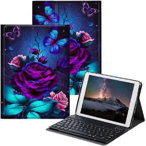 for Samsung Galaxy Tab A7 Lite Case with Detachable Wireless Keyboard & Adjustable Stand Protect Cover Tablet Case for Samsung Galaxy Tab A7 Lite 8.7 inch 2021 - Purple Rose and Blue Butterfly