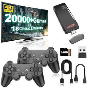 Angfa Wireless Retro Game Console Stick ، ​​ترقية عصا ألعاب الفيديو الرجعية التي تم بناؤها في 20000+ لعبة مع 18 محاكاة ، إخراج 4K HDMI مع 2 حزمة اللاسلكيات اللاسلكية لهدايا الحنين إلى الماضي- 64 جيجا بايت