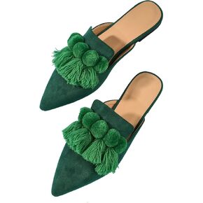 Verdusa Women's Fringe Pompom Closed Point Toe Flat Mules Backless Loafers Mule Shoes