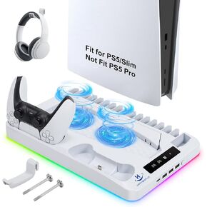 PS5 Cooling Station with PS5 Stand for PS5 / PS5 Slim Controller Charging Station,Cooling Fan, Headset Holder, 3 USB Hub, 1 Type-C, White
