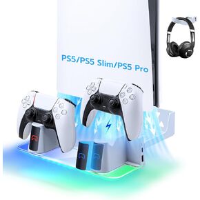 Mcbazel Wall Mount Kit with Charging Station Compatible with PS5/PS5 Slim, Dual Controller Charger, Headphone Hanger, Multi-Mode RGB Light - White