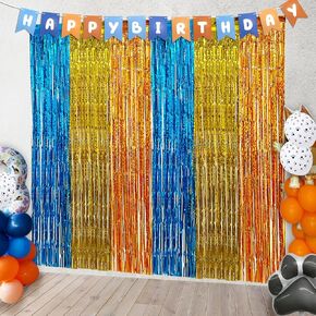 2 Pack Blue Dog Foil Fringe Curtains Backdrop Birthday Party Decorations, 3.28 x 6.56 Ft Blue Gold and Orange Foil Fringe Curtains Tinsel Streamer Photo Booth Props for Blue Dog Party Supplies Favors