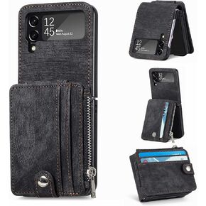 ZCDAYE Wallet Case for Samsung Galaxy Z Flip 4 Case,Samsung Z Flip 4 5G (2022) Case, Z Flip 4 Leather Case with Removable Card Holder - Black
