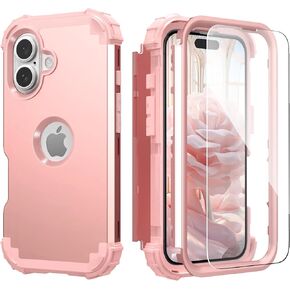 IDweel for iPhone 16 Plus Case with Screen Protector for Women, 3 in 1 Shockproof Slim Fit Hybrid Heavy Duty Hard PC Cover Soft Silicone Bumper Full Body Anti-Fingerprint Case, Rose Gold