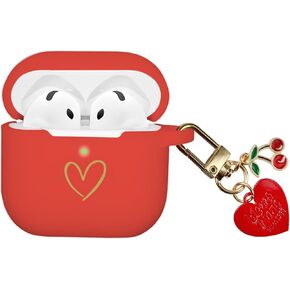 Compatible with AirPods 4 Case Cover 2024, Soft Silicone Case with Gold Heart Pattern for AirPods 4th Generation Case with Cute Pendant Keychain for Girls Women (Burgundy)