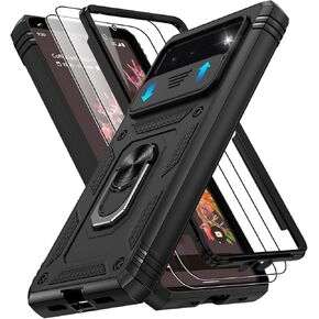for Pixel 6 Case with Slide Camera Cover & Screen Protector (2 PCS), Google Pixel 6 Case Build in 360° Rotating Ring Kickstand, Military Grade Protective Case for Pixel 6 Phone Case, Black