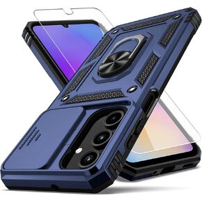 for Samsung Galaxy A16 5G Case,with Camera Lens Cover HD Screen Protector,[Military Grade] Ring Car Mount Kickstand Hybrid Hard PC Soft TPU Shockproof Protective Case for Galaxy A16 5G, Blue