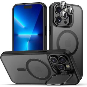 for iPhone 13 Pro Max Case, Compatible with MagSafe，Built-in Camera Ring Stand，with Individual Camera Cover, Translucent Matte Military-Grade Drop Protection Magnetic Case, Black
