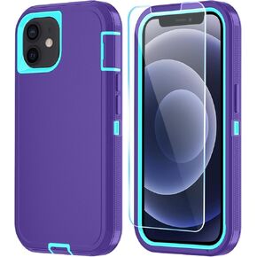 Phone Case for iPhone 12 Mini Case/iPhone 13 Mini Case with HD Screen Protector, Heavy Duty Shockproof & Dropproof 3-Layer Cover Phone Case for iPhone 12 Mini/13 Mini (PurpleSkyBlue)