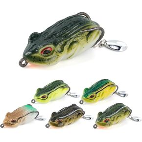 Dr.Fish 6 Pack Topwater Frog Soft Lure Bass Fishing Lure 2' Lifelike 3D Frog Soft Bait with Spinner Blade Double Hook Floating Baits for Musky Pike Catfish Freshwater