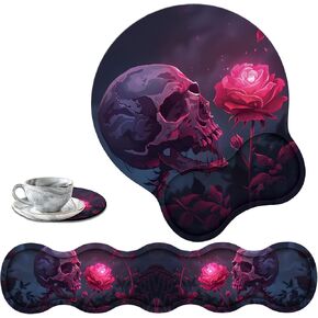 Keyboard Wrist Support + Wrist Mousepad + Coaster Combination, Non-Slip PU Base, with Gel Memory Mousepad, Suitable for Gaming, Office Pain Relief Mousepad Set - Flowering Plant Moon