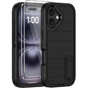 for iPhone 16 Plus Case with 2 Screen Protectors,Heavy Duty Shockproof Drop Protection Military Grade Tri-Layer Rugged Phone Cover with Built-in Invisible Kickstand for Apple 16 Plus (Black)
