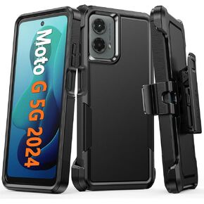 FNTCASE for Motorola Moto G-5G-2024 Case: Dual Layer Military Grade Drop Protection Cell Phone Cover with Belt-Clip Holster | Shockproof Rugged Durable Heavy Duty Protective Bumper Tough - Black