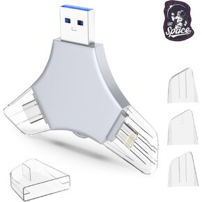 USB 3.0 Flash Drive 64gb for iPhone, 3in1 External Memory Picture Keeper Storage Stick for Photo/Video/Data Saver/Backup, V3.52 High Speed Thumb Drives for iPhone/iPad/Android/PC - Achromatic-Gray