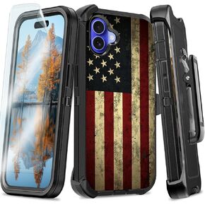 for iPhone 16 Case with Belt Clip Holster, Rugged Protective Case for iPhone 16 with 360° Kickstand & Screen Protector, Drop-Resistant Heavy Duty Protection Cover for iPhone 16, Red Flag