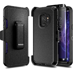 متوافق مع علبة Samsung Galaxy S9 ، حافظة حزام مقطع ، حافظة على درع الصدمات الثقيل الكامل للجسم مع واقي الشاشة (الحد الأقصى للتغطية ، فيلم TPU مرن) أسود in Kuwait
