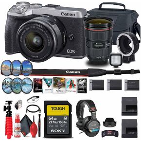 Canon EOS M6 Mark II Mirrorless Digital Camera with 15-45mm Lens (Silver) + Canon EF-M Lens Adapter + Canon EF 24-70mm Lens + 64GB Tough Card + Case + More(Renewed)