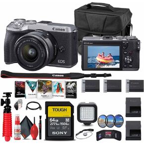 Canon EOS M6 Mark II Mirrorless Digital Camera with 15-45mm Lens (Silver) + 64GB Tough Card + Case + Filter Kit + Photo Software + 2 x LPE17 Battery + More(Renewed)