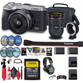 Canon EOS M6 Mark II Mirrorless Digital Camera with 15-45mm Lens (Silver) + Canon EF-M Lens Adapter + Canon EF 24-70mm Lens + 64GB Tough Card + Case + More(Renewed)