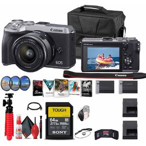 Canon EOS M6 Mark II Mirrorless Digital Camera with 15-45mm Lens (Silver) + 64GB Tough Card + Case + Filter Kit + Corel Photo Software + LPE17 Battery + More(Renewed)