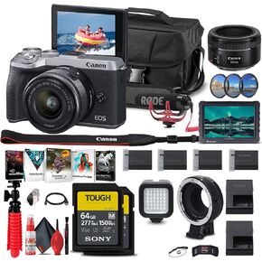 Canon EOS M6 Mark II Mirrorless Digital Camera with 15-45mm Lens (Silver) + Canon EF-M Lens Adapter + 4K Monitor + Canon EF 50mm Lens + Pro Mic + More(Renewed)