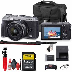 Canon EOS M6 Mark II Mirrorless Digital Camera with 15-45mm Lens (Silver) + 64GB Tough Card + Case + Flex Tripod + Hand Strap + Cap Keeper + Memory Wallet + More(Renewed)