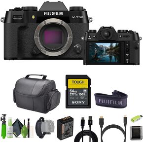 Fujifilm X-T50 Mirrorless Digital Camera (Body) Bundle + 64GB SF-M Tough UHS-II SDXC Memory Card + Cleaning Kit + Vlogging Tripod + Micro HDMI Cable + More Accessories (Black)